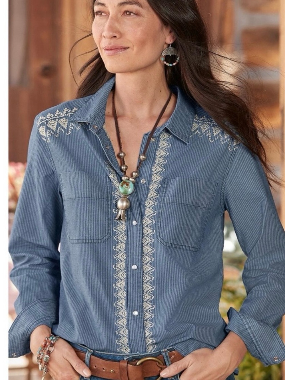 Sundance Meera Pin Stripe Denim Blouse with Embroidered Trim L Regular Wash